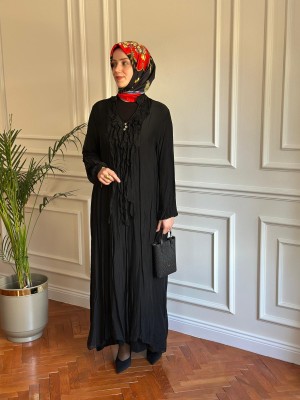 Fırfır Detaylı İpek Elbise Siyah