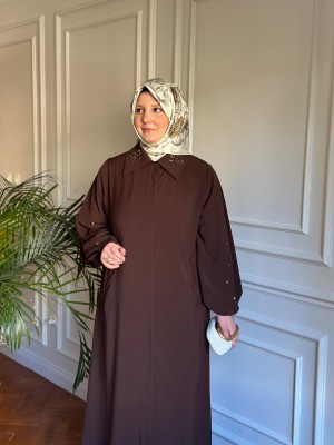 Taş İşlemeli Ferace 1197 Kahverengi