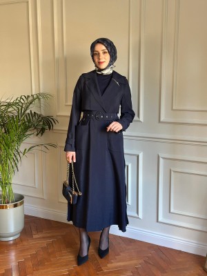 Pilise Detaylı Trençkot Lacivert