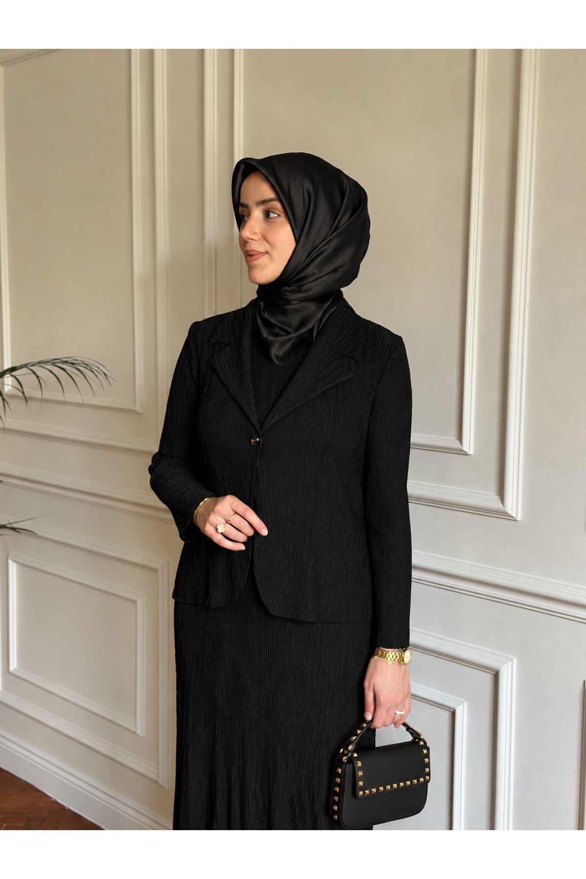 Ceketli Akordiyon Elbise Siyah