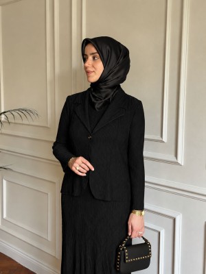 Ceketli Akordiyon Elbise Siyah