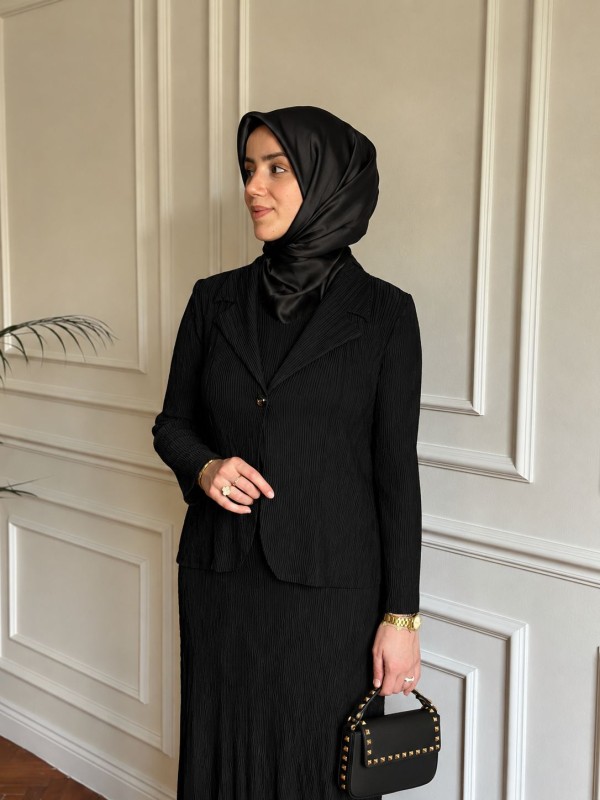 Ceketli Akordiyon Elbise Siyah