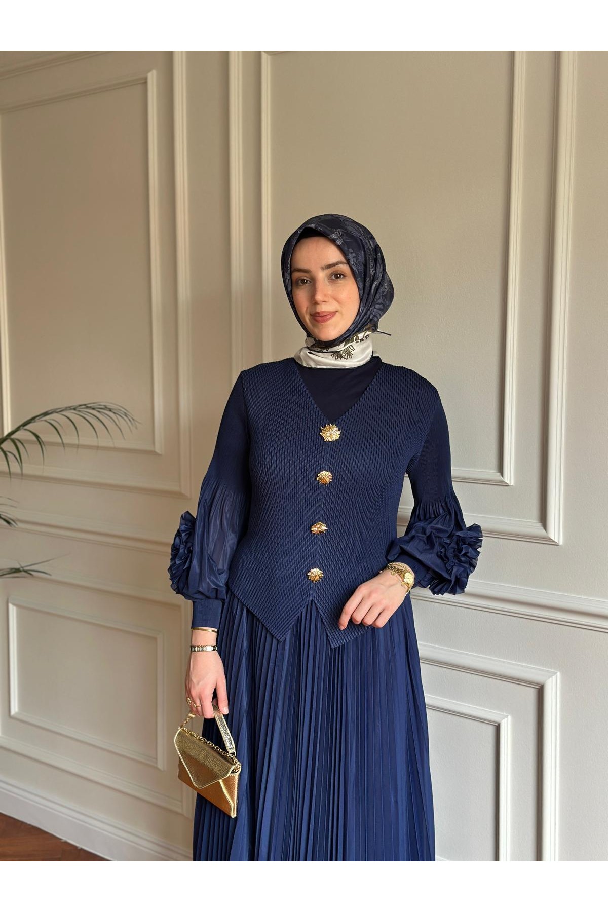 Akordiyon Etekli Takım Lacivert