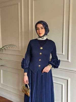Akordiyon Etekli Takım Lacivert