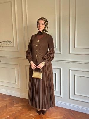 Akordiyon Etekli Takım Kahverengi