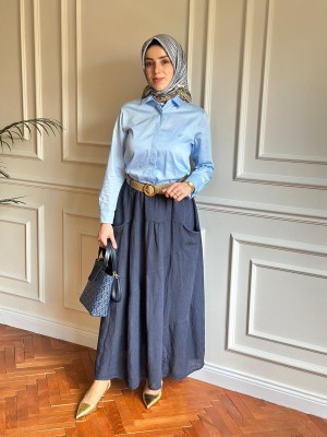Kemerli Keten Etek Lacivert
