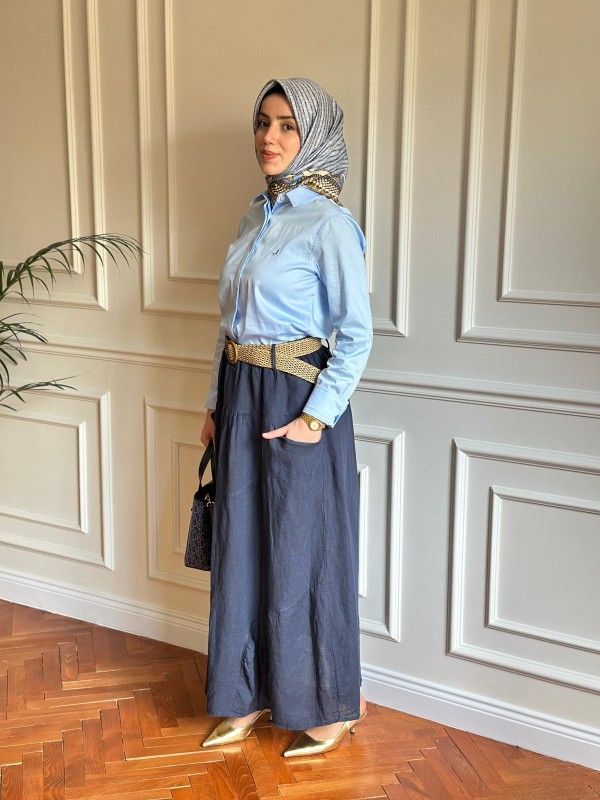 Kemerli Keten Etek Lacivert