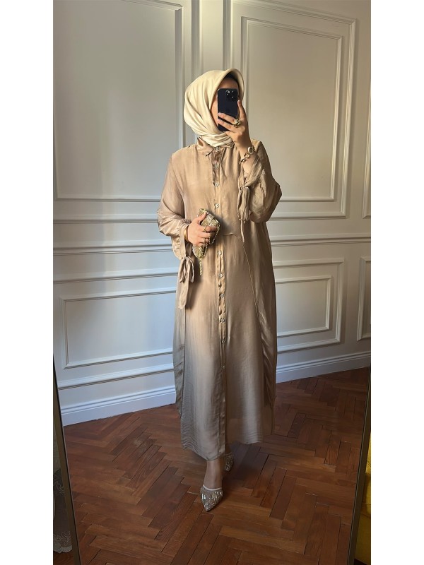 Düğmeli İpek Elbise Camel