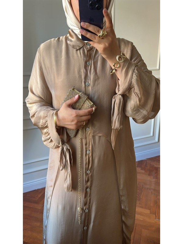 Düğmeli İpek Elbise Camel
