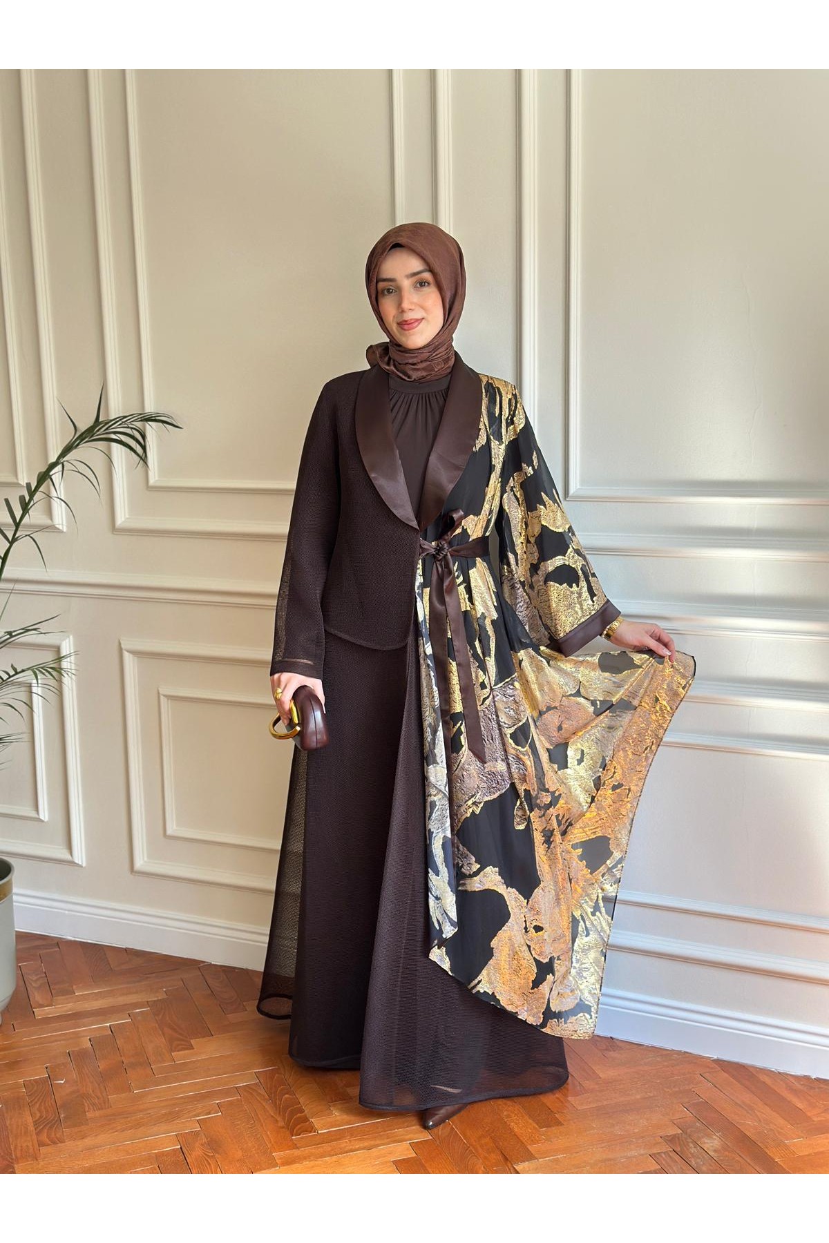 Sultan Abaya Takım Kahverengi