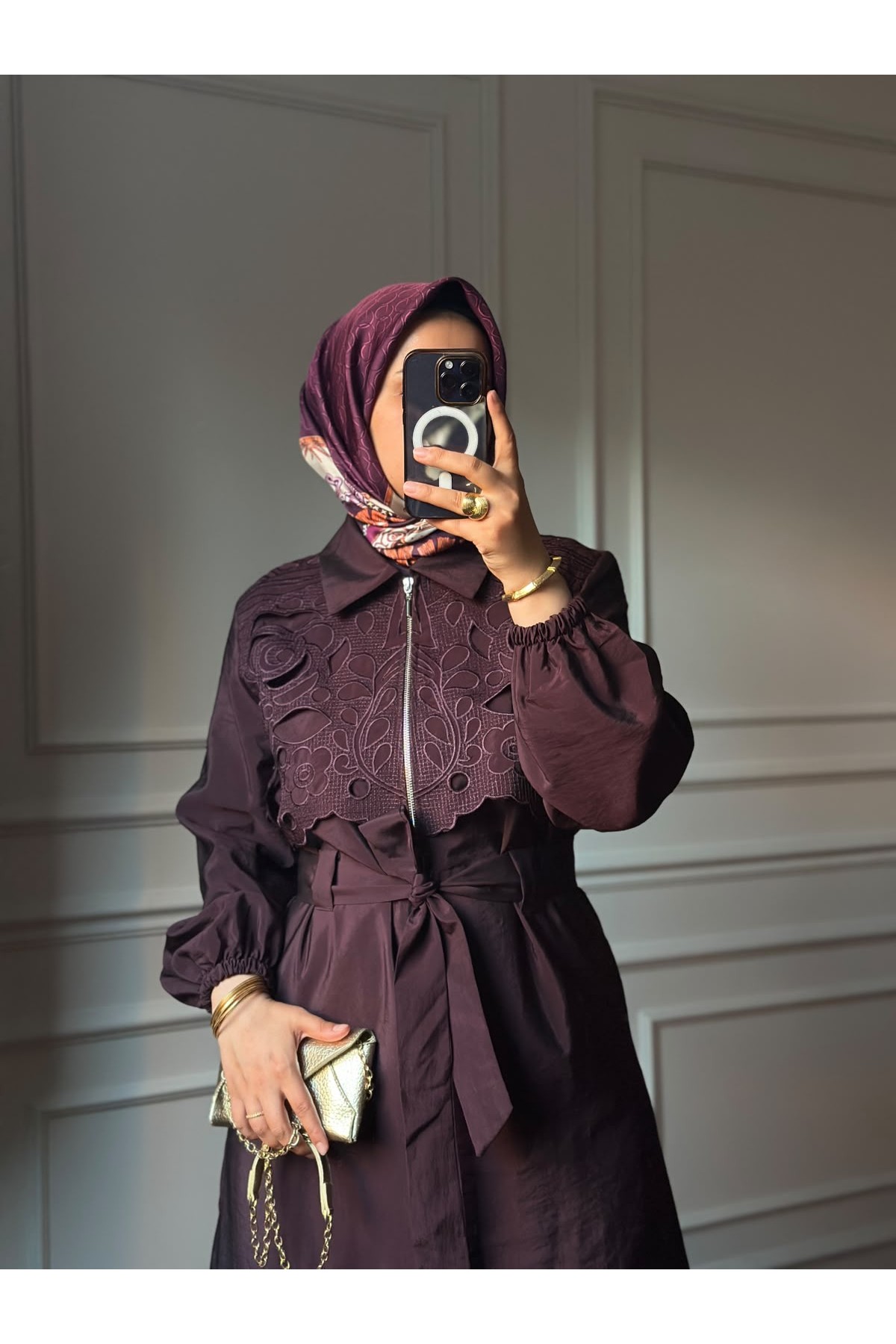 Güpür Detaylı Trençkot Mürdüm