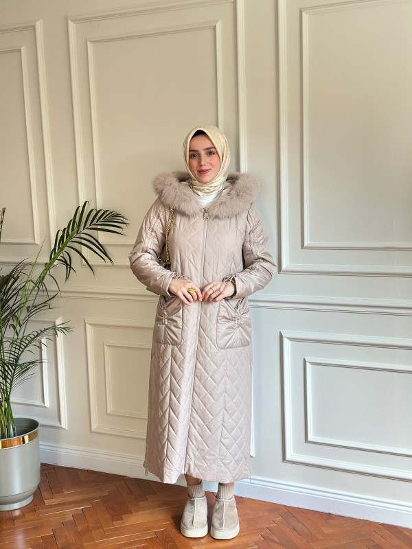 Orijinal Kürk Detaylı Mont Bej