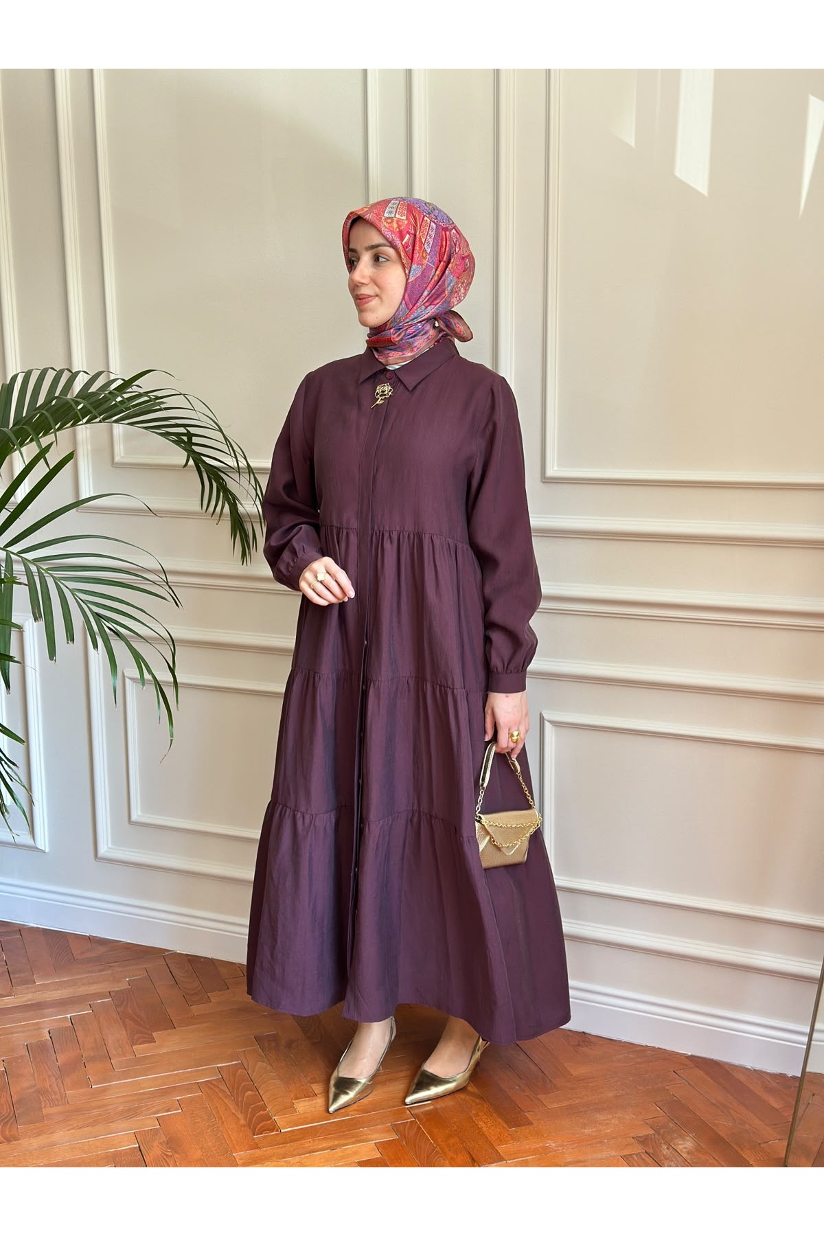 Nihalle Katlı Elbise Mürdüm