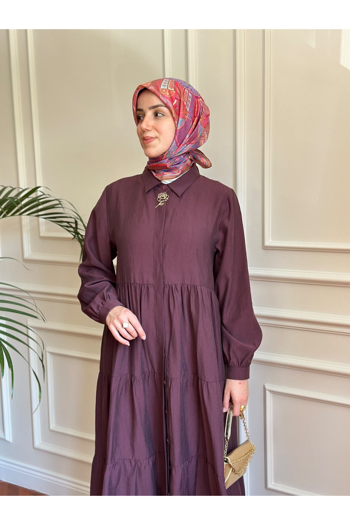 Nihalle Katlı Elbise Mürdüm